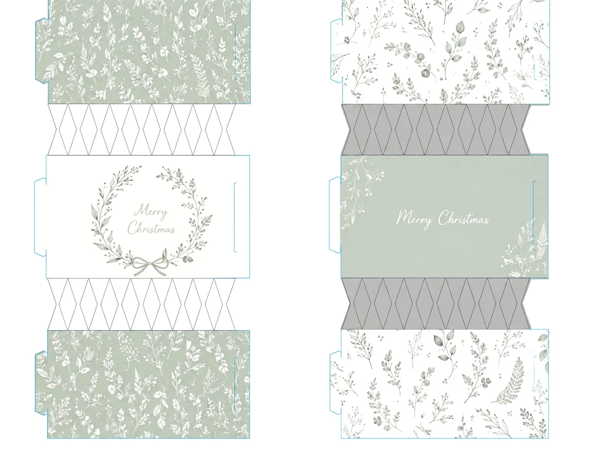 Sage botanical Christmas cracker artwork dielines with alternate colourways