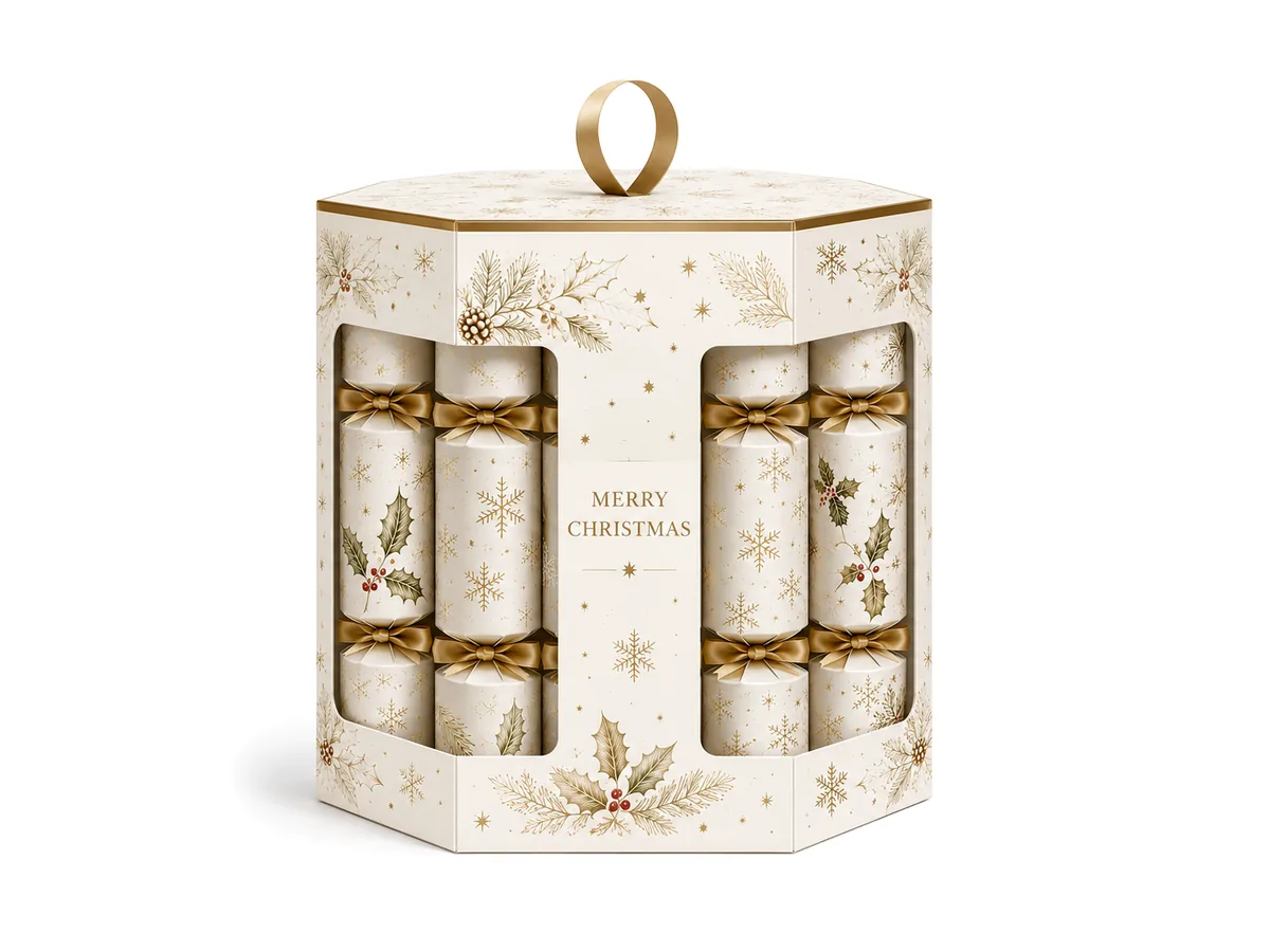 White and gold Christmas crackers in an upright presentation pack with carry handle