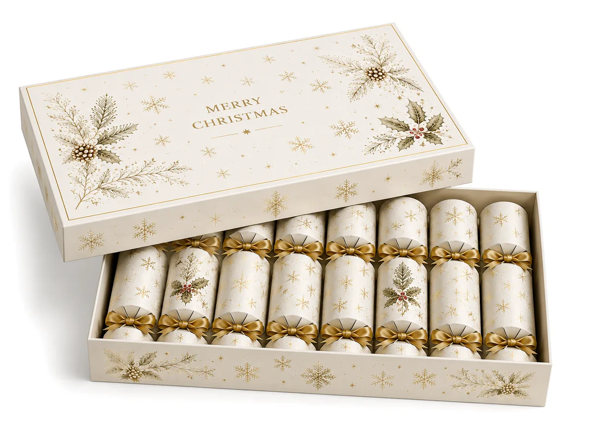 White and gold Christmas crackers in an open lid-and-base presentation box