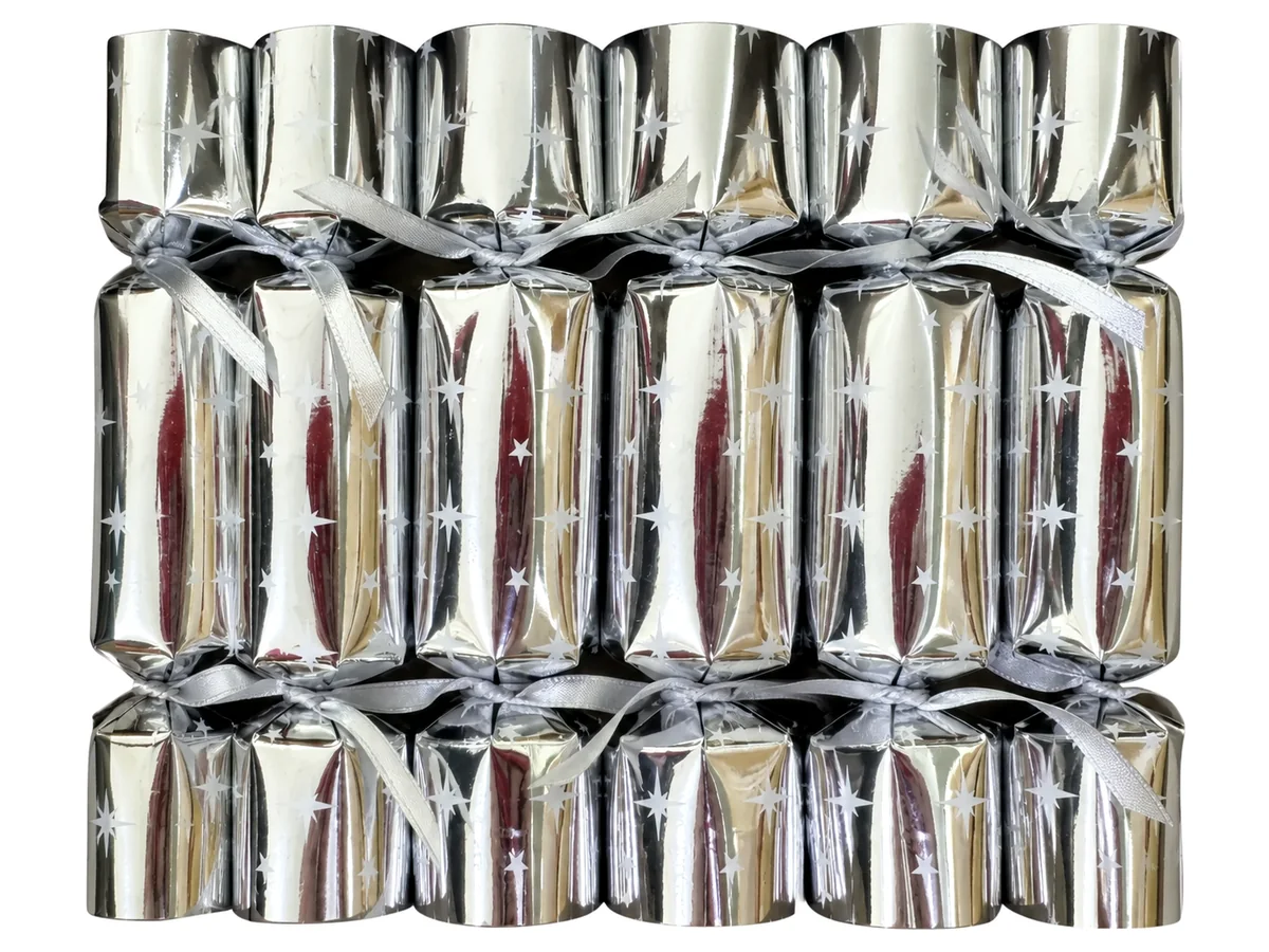 Silver Christmas crackers with star print and satin ribbon