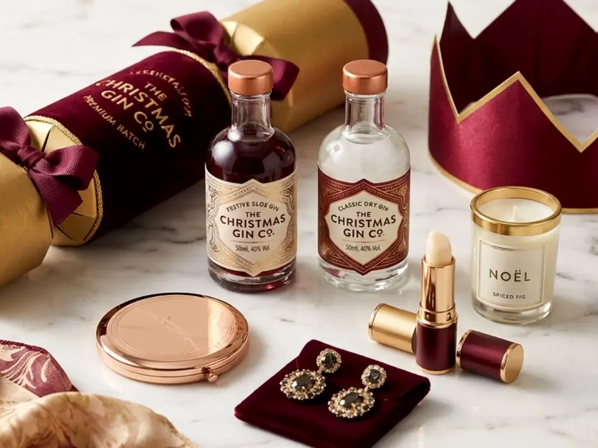 Luxury Christmas cracker content direction with miniature drinks, jewellery and beauty gifts