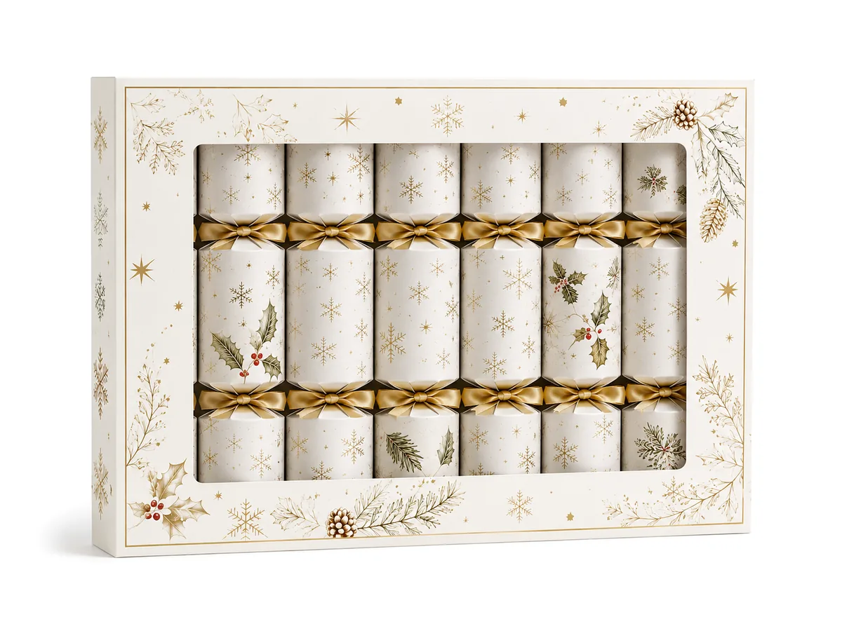 White and gold Christmas crackers arranged in a printed window presentation box