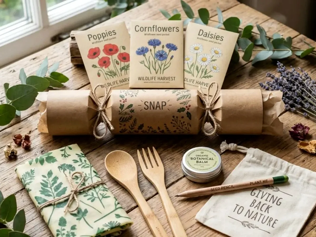 Eco-conscious Christmas cracker gift directions including wooden and paper-based contents