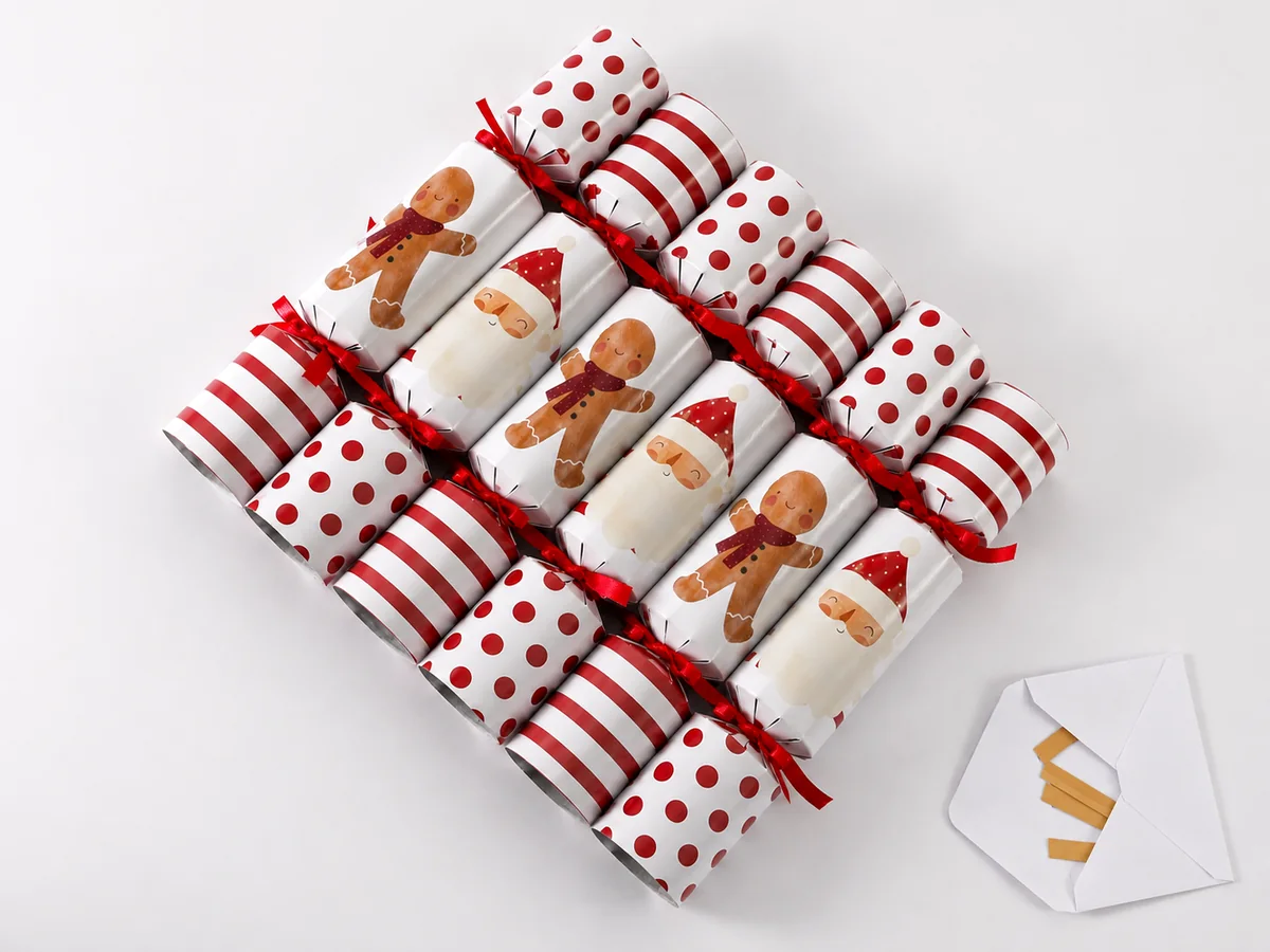 Coordinated red and white traditional Christmas crackers with Santa and gingerbread artwork