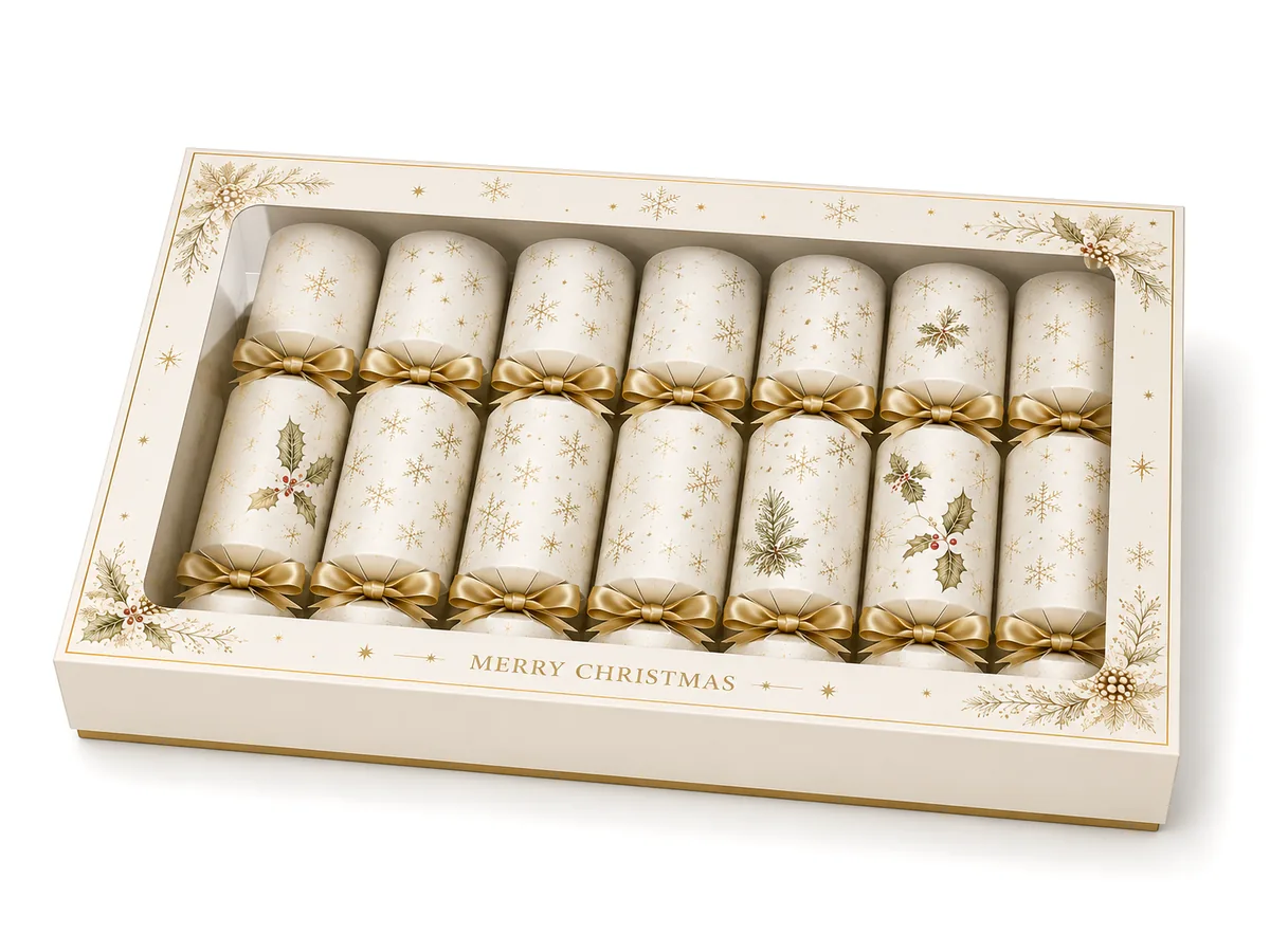 White and gold Christmas crackers arranged in a wide window display box