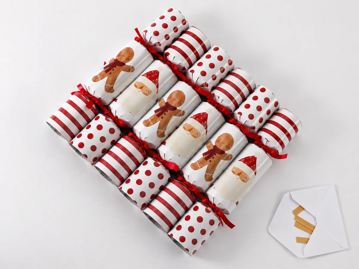 Red and white traditional Christmas crackers arranged as a coordinated range