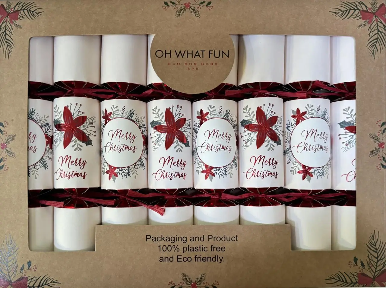 Red and white eco-friendly Christmas crackers in plastic-free retail packaging