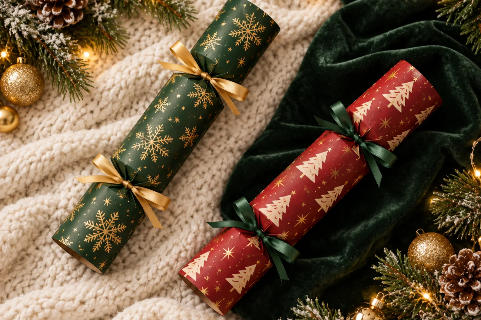 Red and green Christmas crackers styled for retail range planning