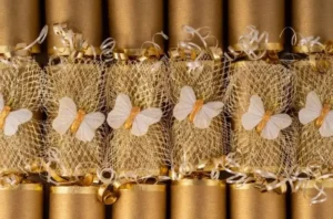 Close-up of beautifully designed luxury Christmas cracker packaging with premium ribbons and festive colors, highlighting the role of presentation in boosting 2025 holiday sales