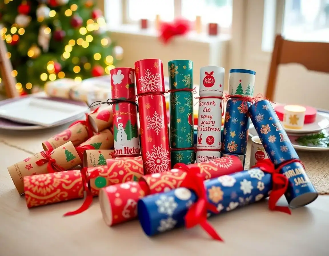 Assorted Christmas crackers arranged on a festive event table