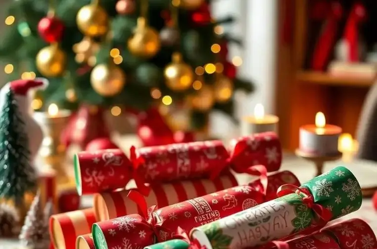 Selection of luxury Christmas crackers in various designs and colors, displayed on a festive table, ideal for corporate events, retail displays, and holiday celebrations in 2025