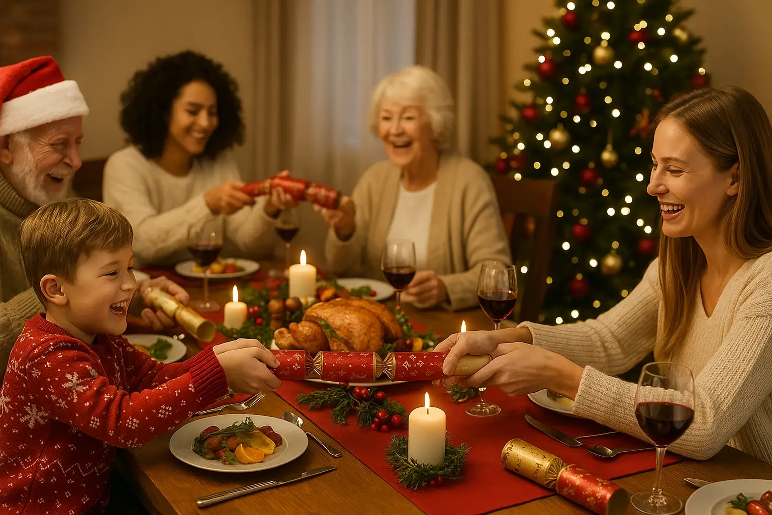 Family Christmas dinner with parents and children gathered around a festive table decorated with standard Christmas crackers