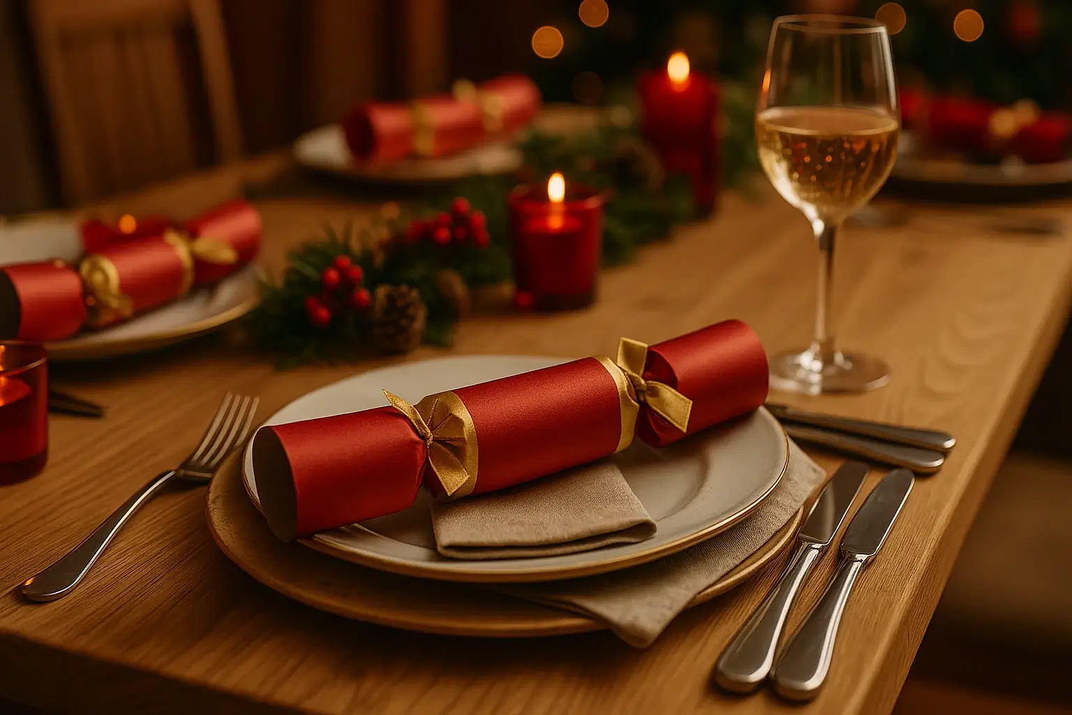 Hotel or restaurant Christmas dining table set with festive decorations and standard Christmas crackers placed on dinner plates