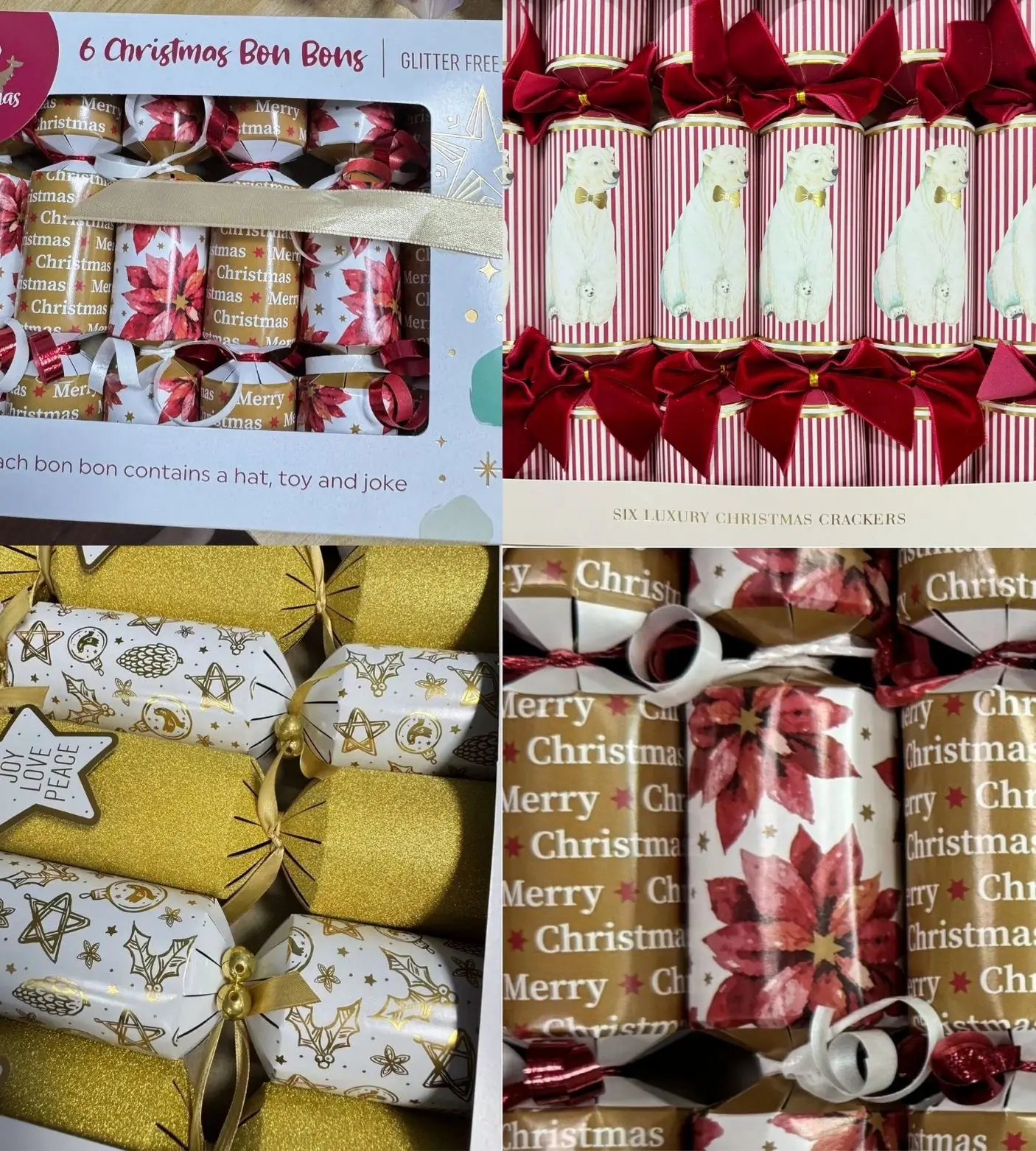 Various ribbon styles for Christmas cracker decoration, including velvet, PP cord, and satin bows