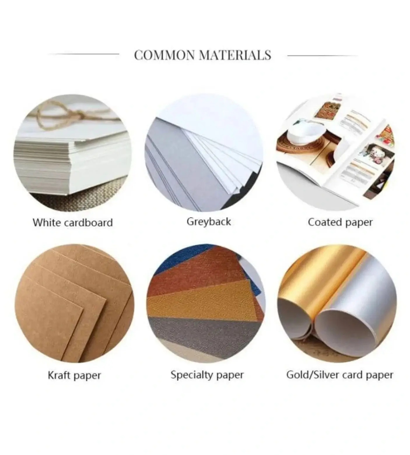 Paper material options for Christmas crackers, including white cow paper and specialty finishes