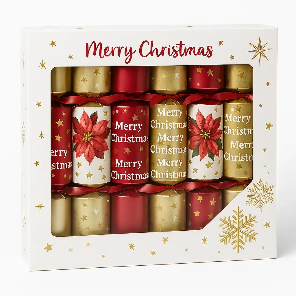 Christmas cracker packaging with a transparent window display.