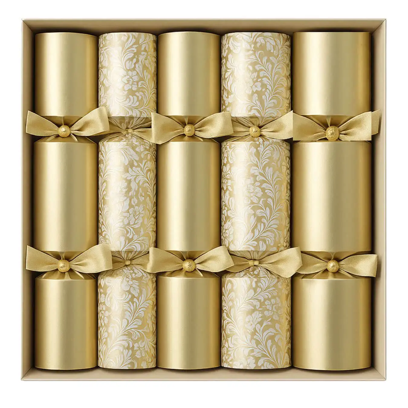 Luxury Christmas crackers alternating pure gold and gold floral embossed designs in a retail gift box with satin ribbons