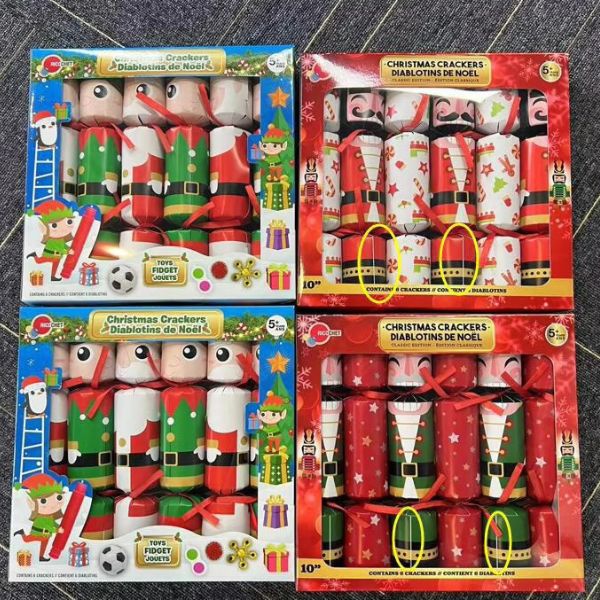Window packaging box with clear plastic lid showing Christmas crackers inside.
