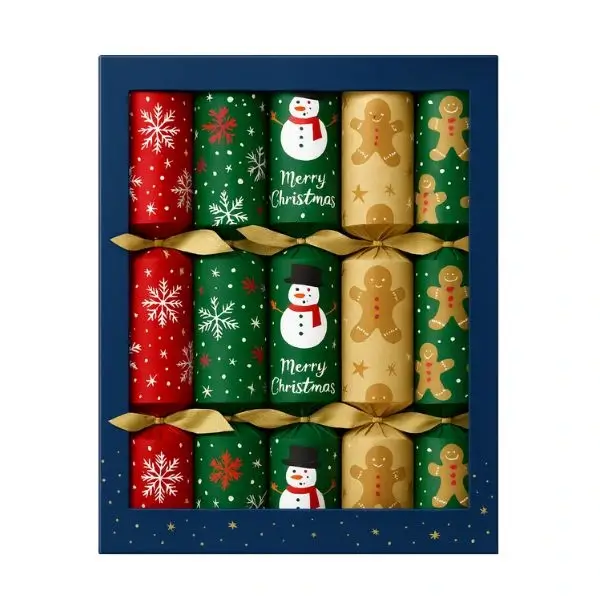 A festive box of assorted Christmas crackers in gold and cream colors, arranged neatly for wholesale buyers.