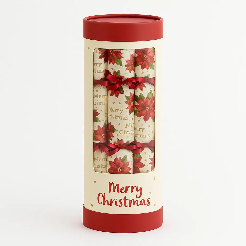 Cylinder tube packaging for Christmas crackers with festive prints.