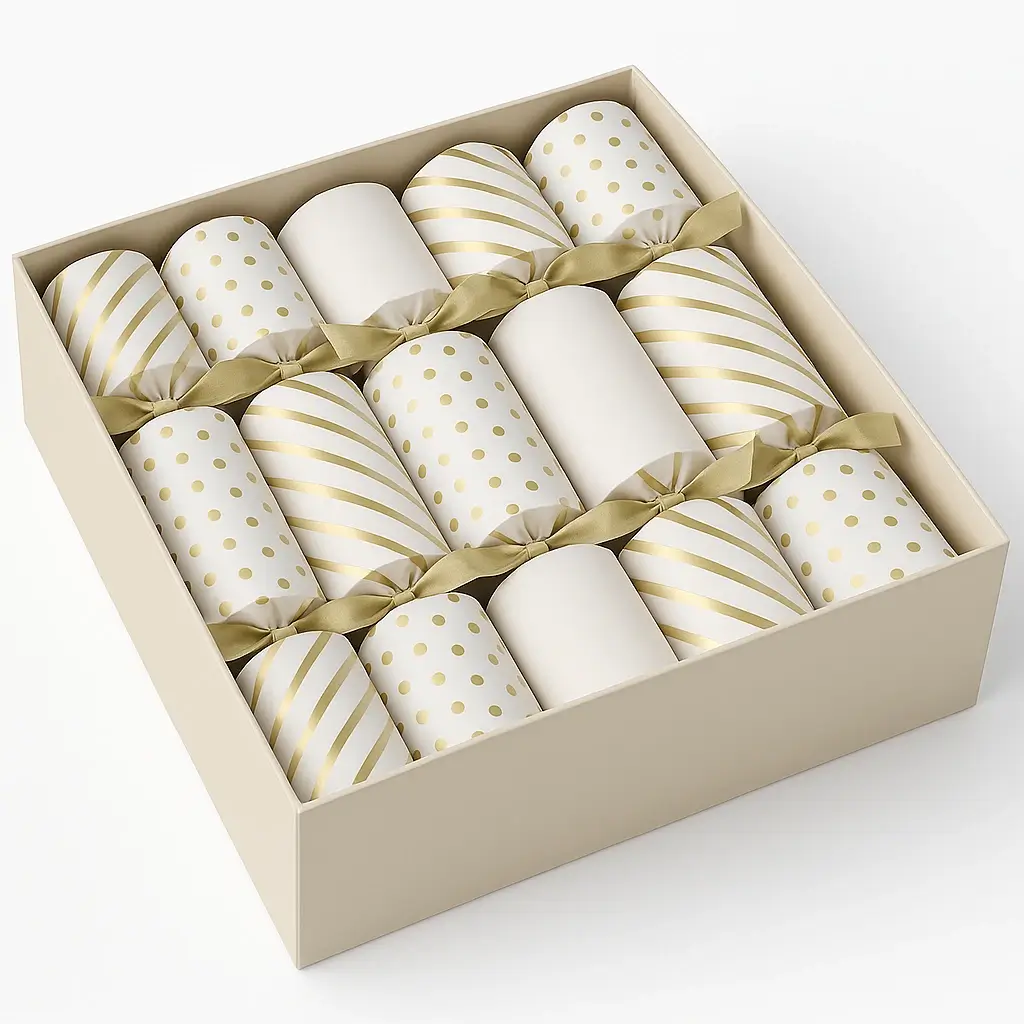 Luxury rigid gift box for Christmas crackers in festive red and gold.
