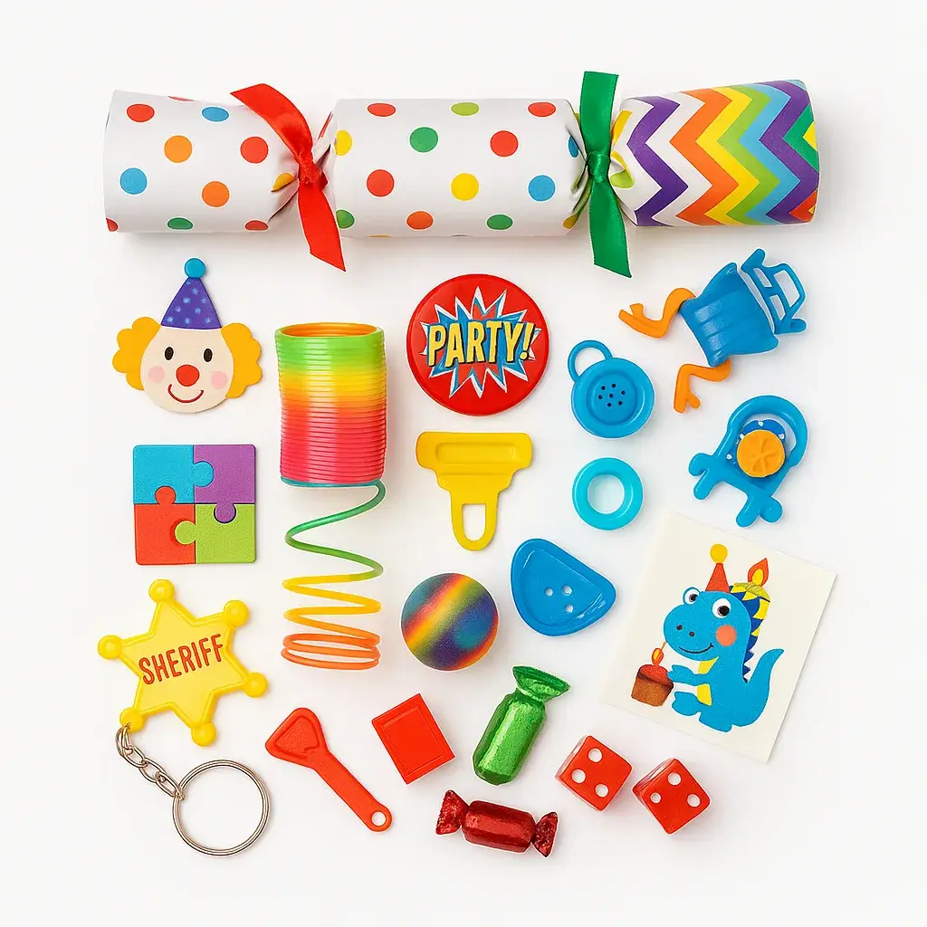 Flat lay of colorful kids’ party gifts including stickers, mini toys, dice, whistles, and candy arranged on a white background.