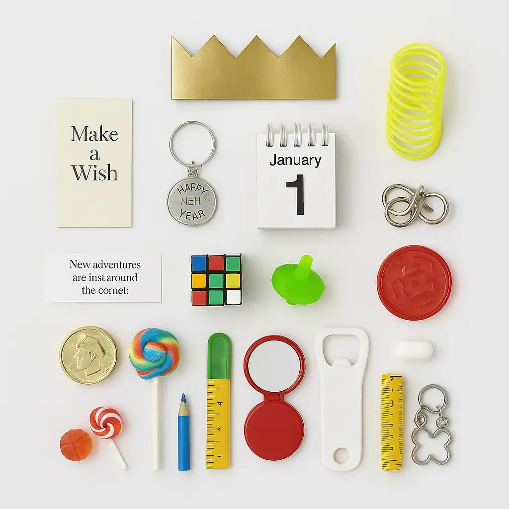 Flat lay of assorted New Year cracker gifts such as lucky coins, wish cards, mini puzzles, and candy on a white background.