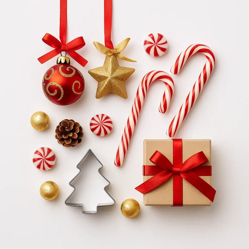 Flat lay of assorted Christmas gifts including ornaments, candy canes, small toys, and festive trinkets arranged on a white background.