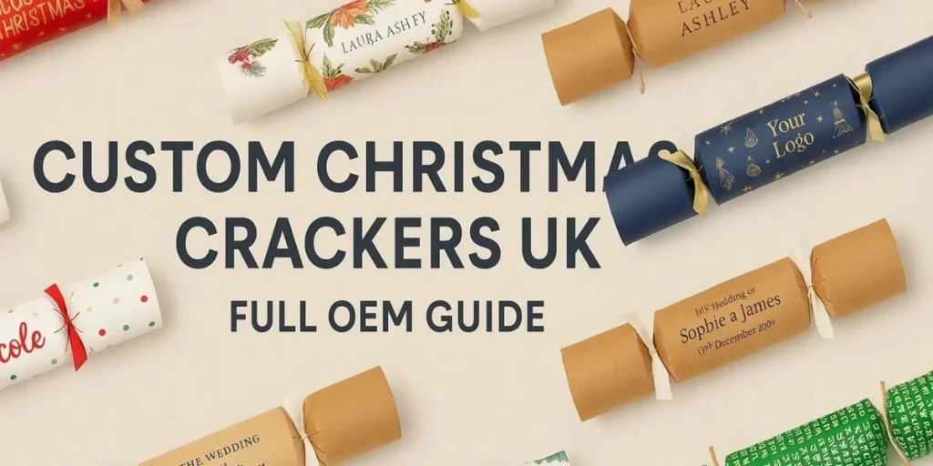 Personalised Christmas crackers in assorted custom designs displayed around the title Custom Christmas Crackers UK – Full OEM Guide