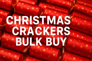 Red Christmas crackers with gold stars arranged in bulk rows, with bold white text ‘Christmas Crackers Bulk Buy’ across the image.