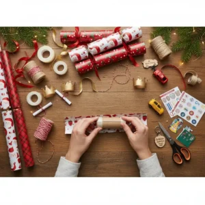 Step-by-step guide to making homemade Christmas crackers with materials laid out