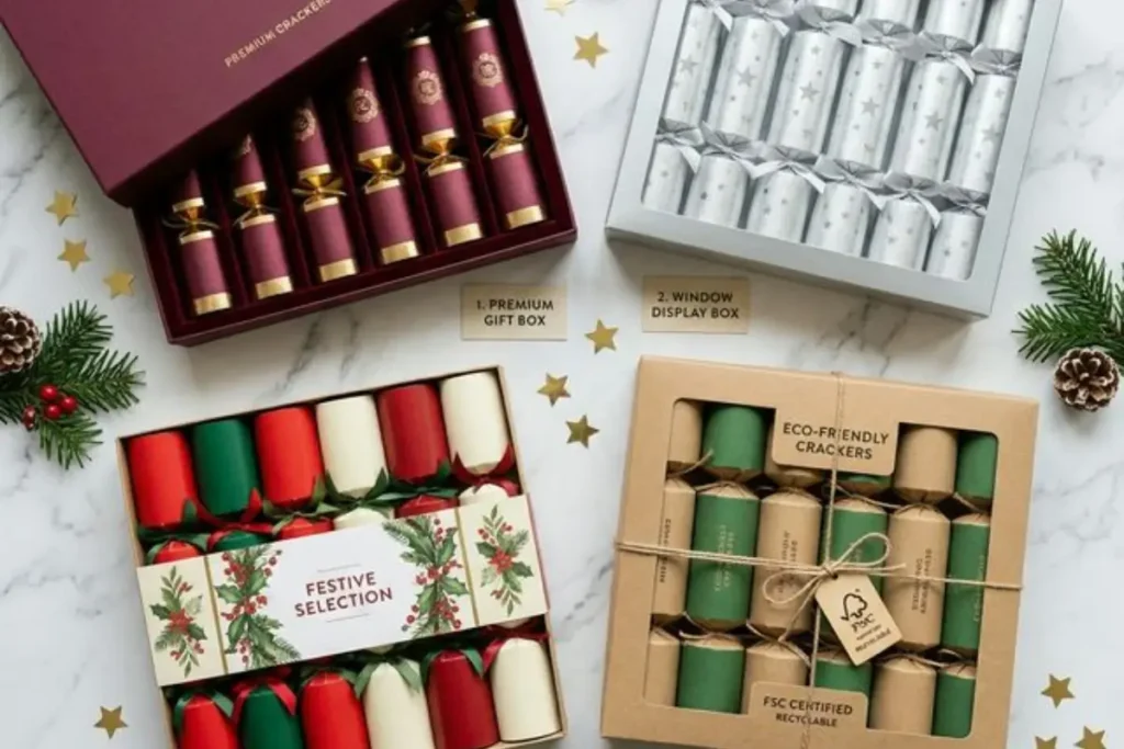 Four custom Christmas cracker packaging styles rigid gift box window display box printed sleeve and eco kraft box