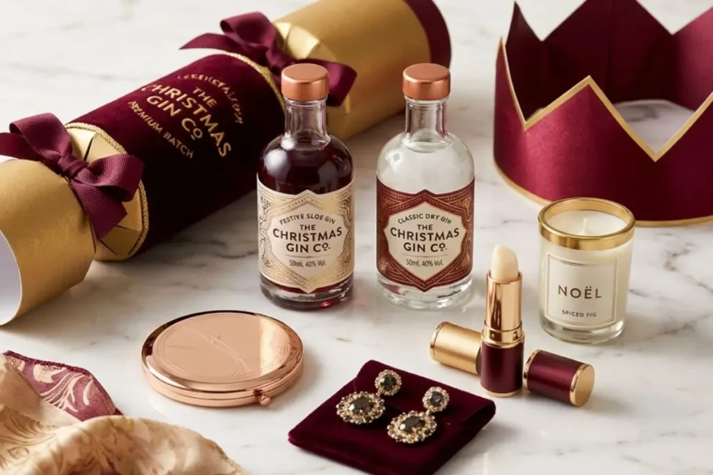 Luxury Christmas crackers with good gifts including gin miniatures and beauty products