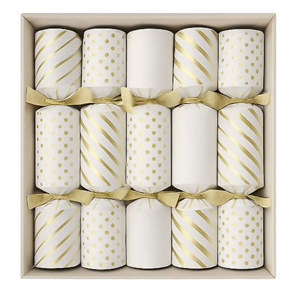 White & Gold Traditional Christmas Crackers – Elegant Holiday Collection White and gold traditional Christmas crackers with satin bows in a retail packaging box