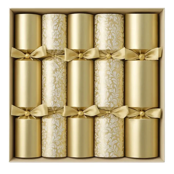 Luxury Gold & Floral Embossed Christmas Crackers – Premium Gift Set Luxury Christmas crackers alternating pure gold and gold floral embossed designs in a retail gift box with satin ribbons