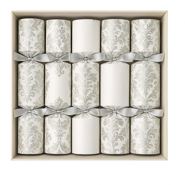 Silver Snowflake Luxury Christmas Crackers – Elegant Holiday Collection Silver luxury Christmas crackers with embossed snowflake patterns and satin silver bows in a gift box