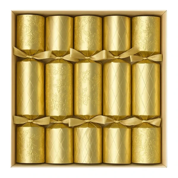 Luxury Gold & Embossed Floral Christmas Crackers – Premium Gift Set Luxury Christmas crackers in gold and floral embossed designs, neatly arranged in a retail box with satin ribbons