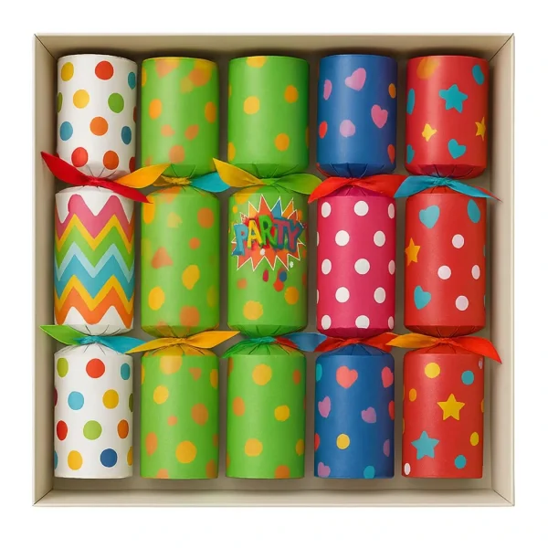 Star & Dot Party Christmas Crackers – Cheerful Holiday Fun Glossy party Christmas crackers with colorful star and polka dot patterns in a retail box