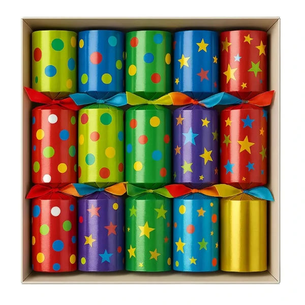 Multicolor Polka Dot Party Christmas Crackers – Fun & Festive Party Christmas crackers with colorful polka dots and gradient patterns in a retail box