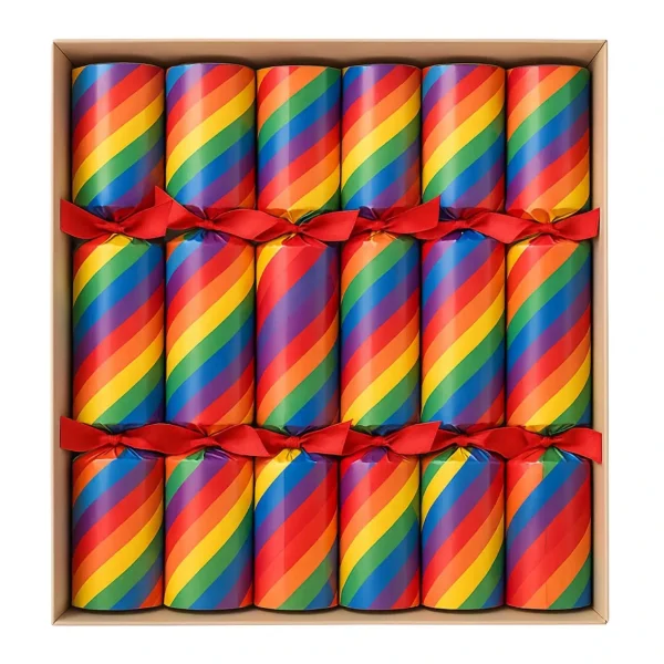 Rainbow Stripe Party Christmas Crackers – Bright & Shiny Celebration Glossy rainbow-striped party Christmas crackers with vibrant ribbons in a gift box