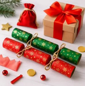 Traditional Christmas Crackers Customization Options Traditional red, green, and gold Christmas crackers with festive patterns, paper crowns, small toys, and kraft packaging on a white background