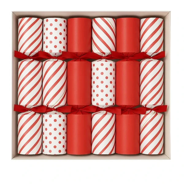 Red & White Traditional Christmas Crackers – Classic Festive Style Traditional red and white Christmas crackers with gold foil prints, neatly arranged in a retail gift box