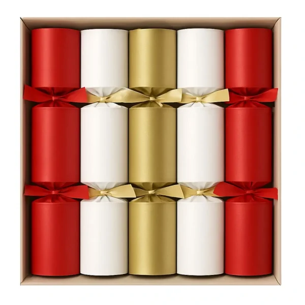 Red, White & Gold Traditional Christmas Crackers – Mixed Festive Pack Mixed red, white, and gold traditional Christmas crackers in a retail gift box with satin ribbons